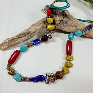 Vintage Southwest Chunky Stone Gem Necklace Boho 23" Turquoise